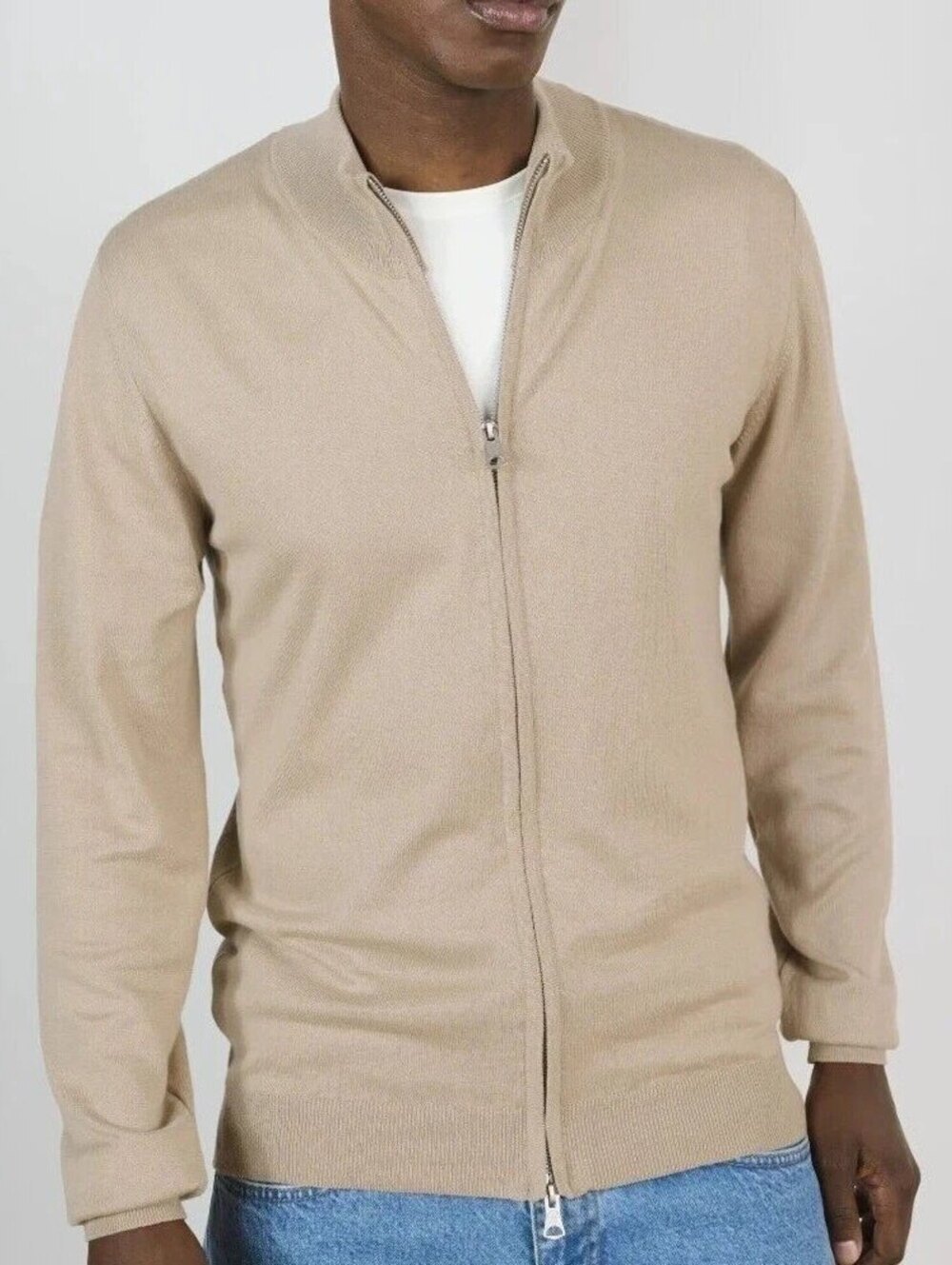 Matinique XL Beige Cream 100% Cotton Full Zip Mock Neck Knit Cardigan Sweater